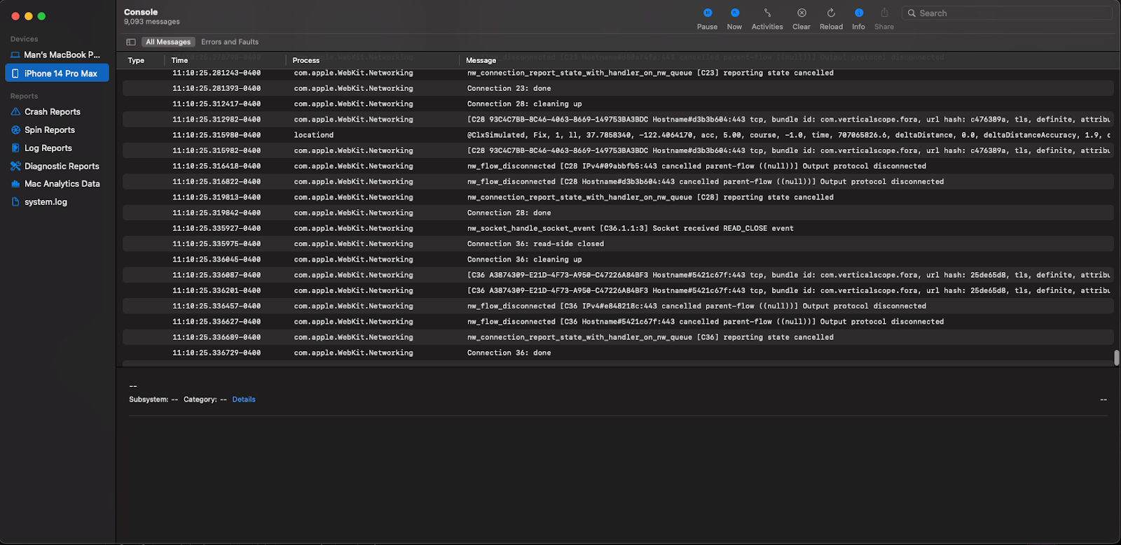 Screenshot of running simulator logs